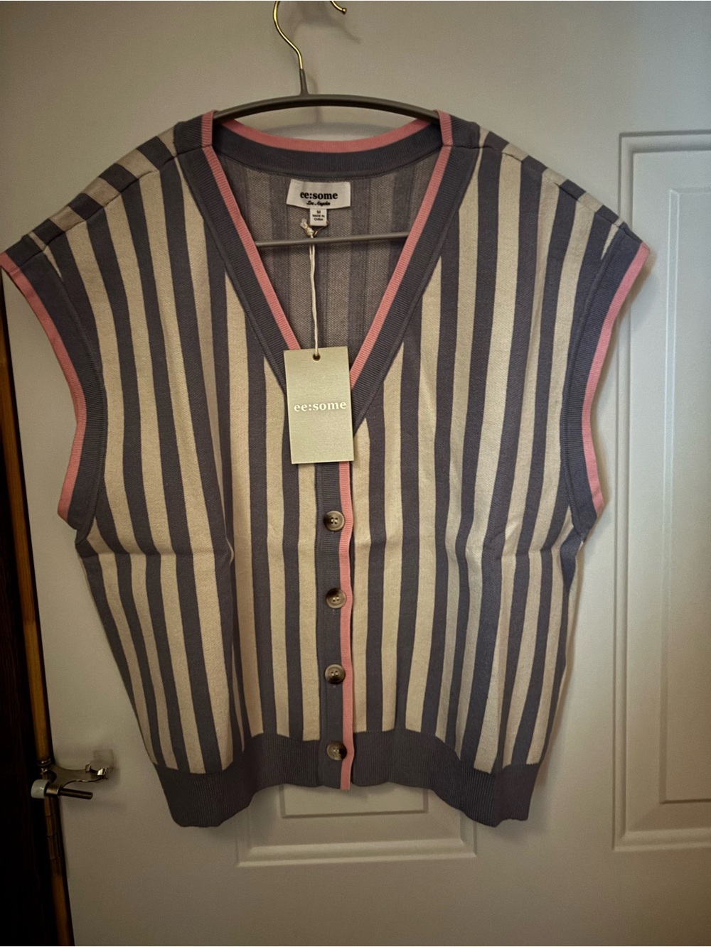 eesome Striped Knit Button-Front Vest - Lilac & Cream with Pink Trim. Medium.
